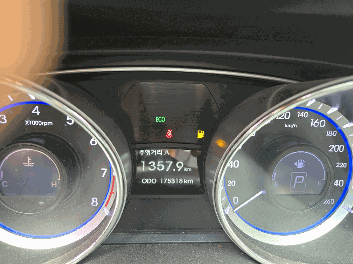 사건 2025타경10369 차량 계기판 사진 — 총 주행거리 ODO 175,318km가 표시돼 있고 연료 경고등이 켜져 있다.